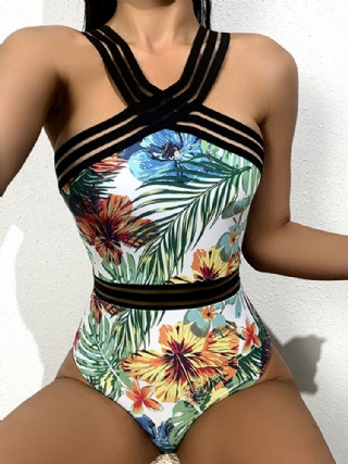 Tropical Plants Print Striped Mesh Hoikentava Yksiosainen Naisten Hawaii-uimapuku