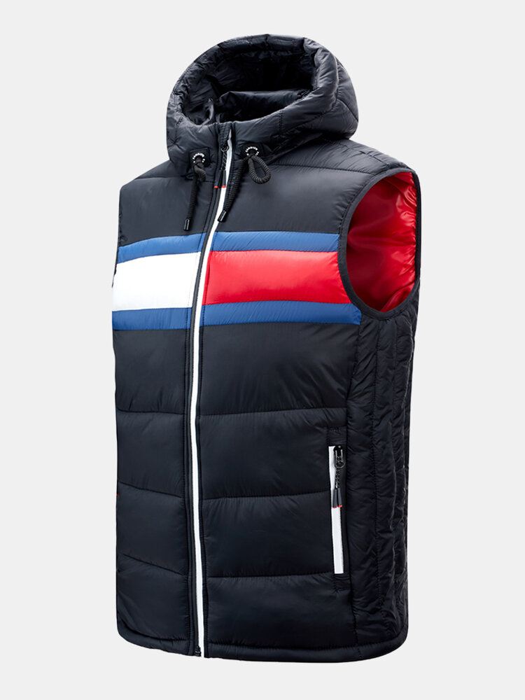 Miesten Block Patchwork-hihaton Vetoketjullinen Tasku Hupullinen Pehmustettu Gilet-liivi