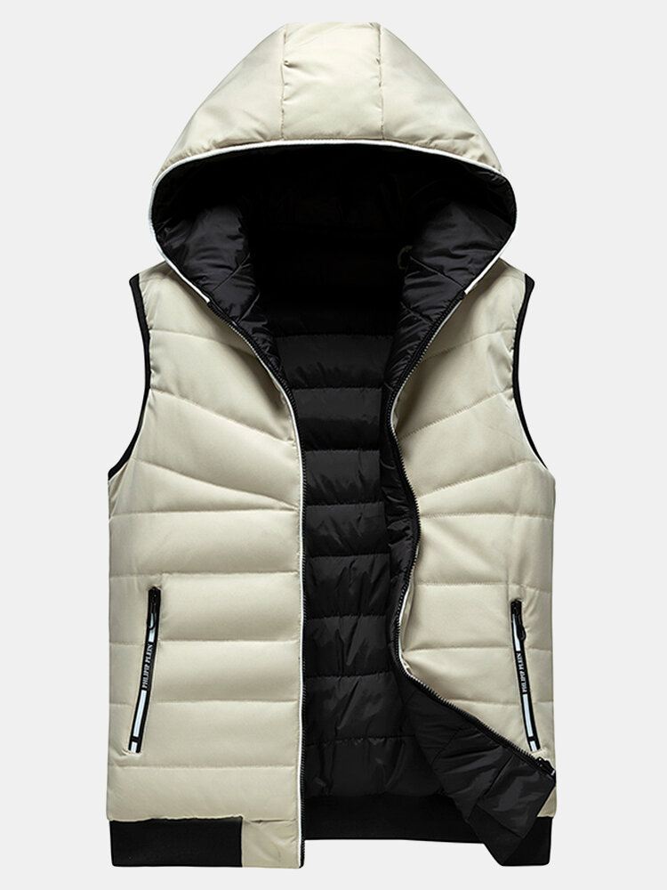 Miesten Yksivärinen Vetoketju Tuulenpitävä Lämmin Käännettävä Hupullinen Pehmustettu Gilet Taskulla