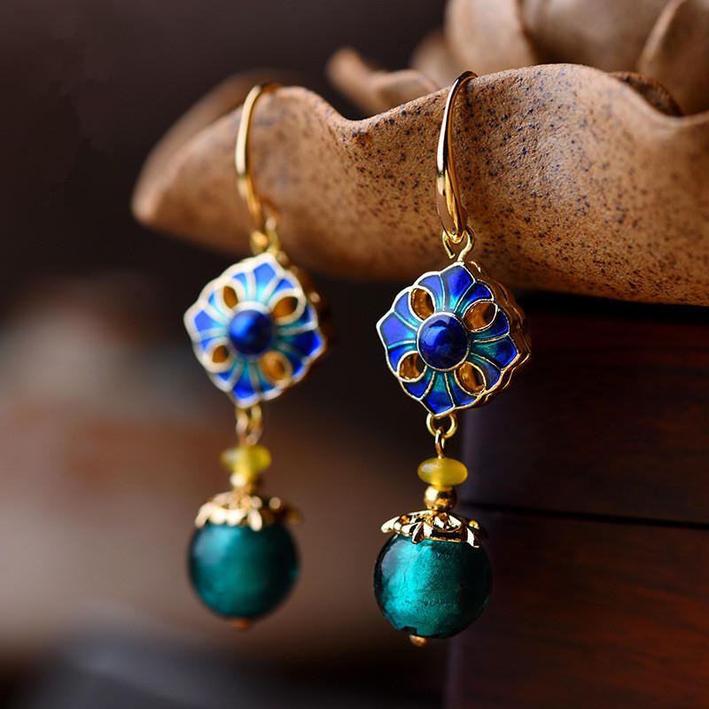 Luxury Retro Dangle Korvakorut Cloisonne Flower Agate Käsintehty Kultainen Korvakoru Naisille Etniset Korut