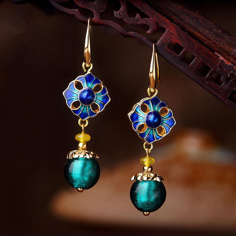 Luxury Retro Dangle Korvakorut Cloisonne Flower Agate Käsintehty Kultainen Korvakoru Naisille Etniset Korut