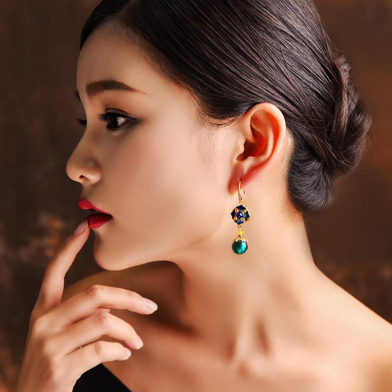 Luxury Retro Dangle Korvakorut Cloisonne Flower Agate Käsintehty Kultainen Korvakoru Naisille Etniset Korut