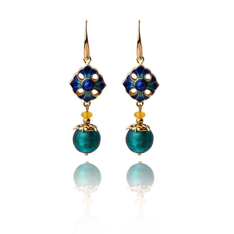 Luxury Retro Dangle Korvakorut Cloisonne Flower Agate Käsintehty Kultainen Korvakoru Naisille Etniset Korut