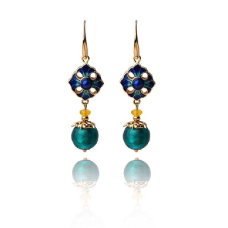 Luxury Retro Dangle Korvakorut Cloisonne Flower Agate Käsintehty Kultainen Korvakoru Naisille Etniset Korut