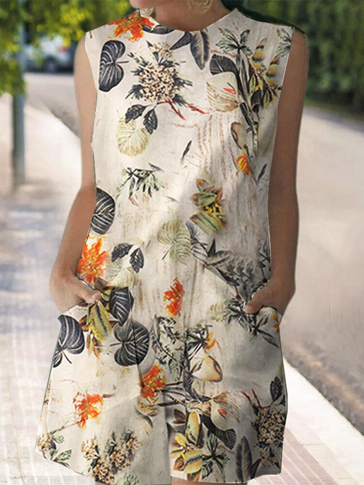 Cotton Plant Print Pocket Pocket-hihaton Rento Printtimekko