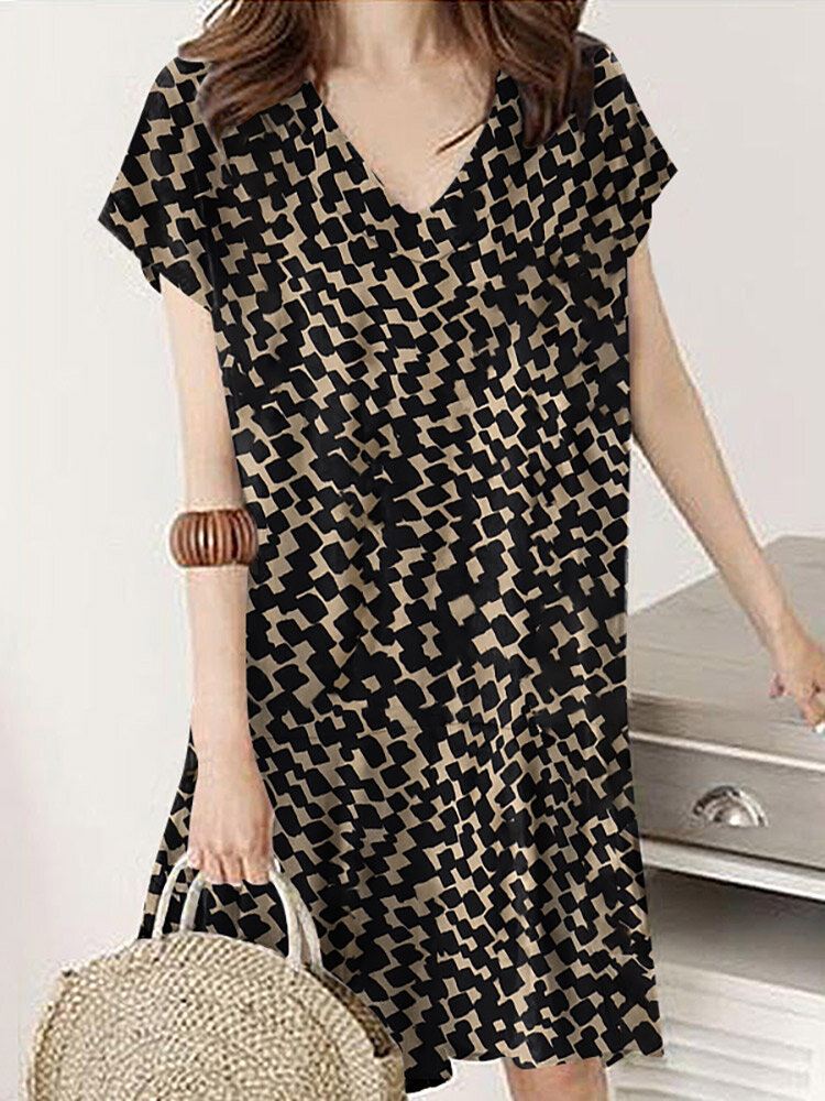 Geo Print Ruffle V-kaula Tulppaani Lyhythihainen Rento Midi-mekko