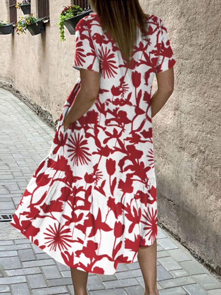 Kasvikuvioinen Lyhythihainen Korkea-matala Helma Taskullinen Midi-mekko