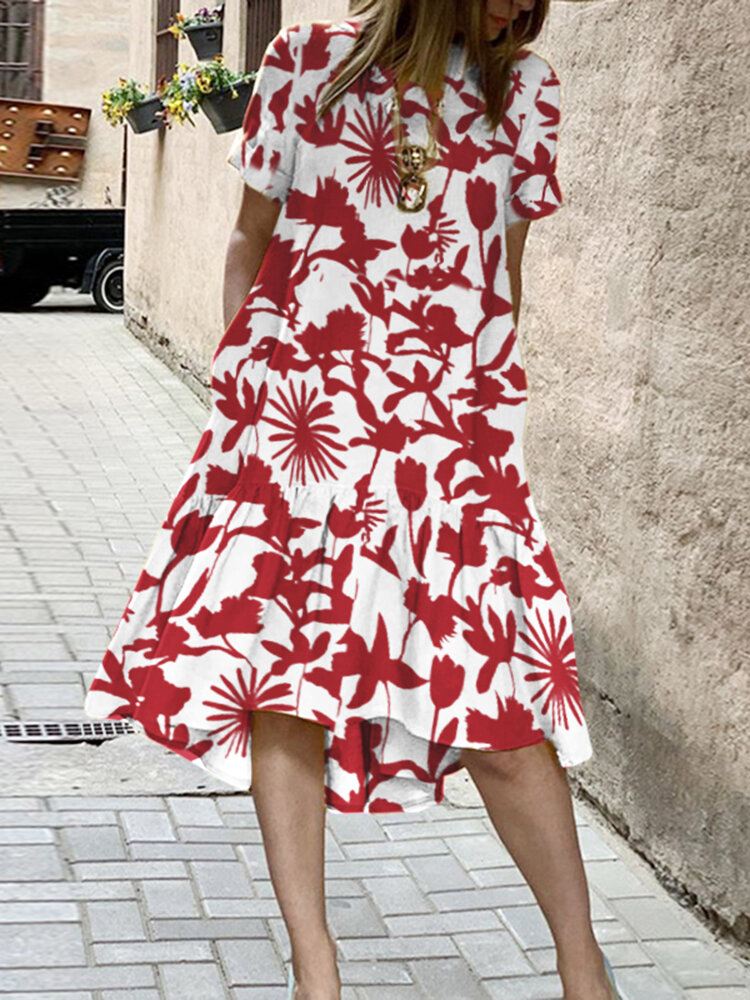 Kasvikuvioinen Lyhythihainen Korkea-matala Helma Taskullinen Midi-mekko