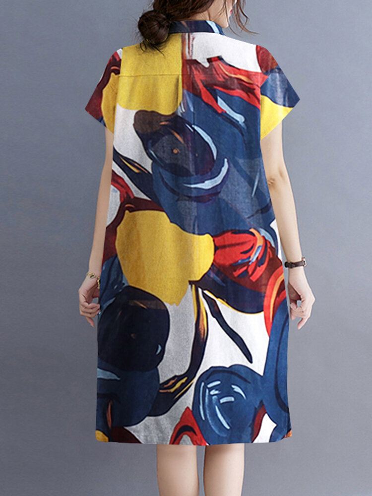 Kukka Abstrakti Maalattu Print Button Rintaneule Midi-mekko