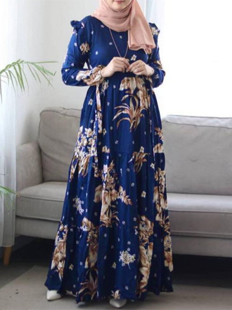 Naisten Kukkakuvioiset Röyhelöt Koristeelliset Joustavat Hihansuut Kaftan Tunika Midi-mekko