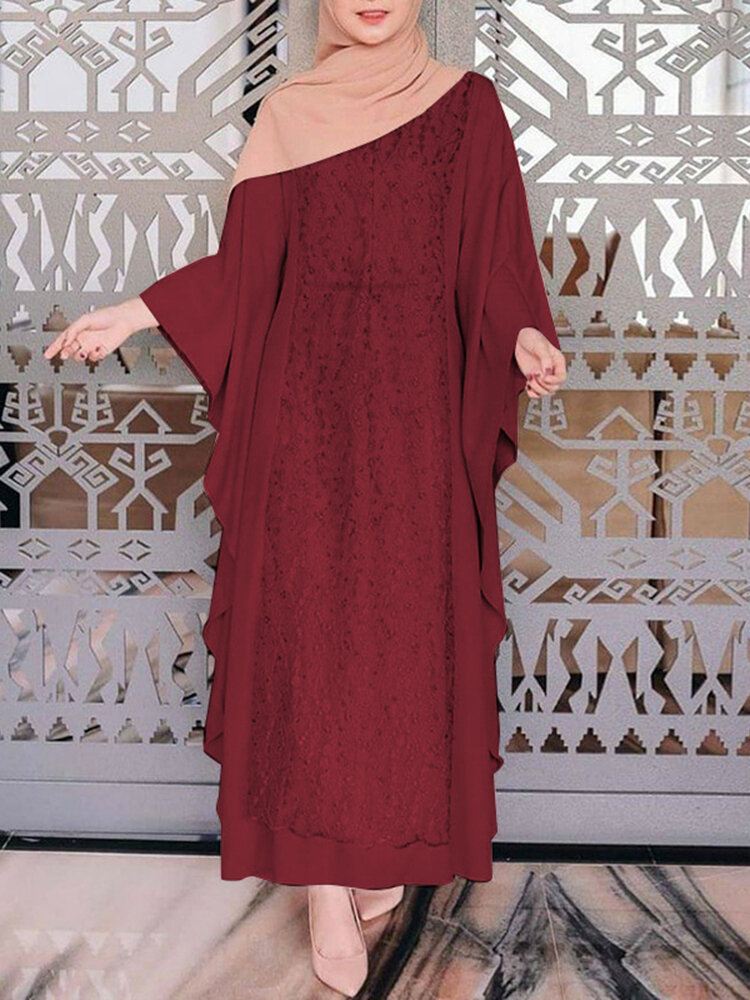 Naisten Pitkähihaiset Pitsit Tilkkutäytteiset Lepakkohihaiset Kaftan-tunika Yksiväriset Laskokset Midi-mekot