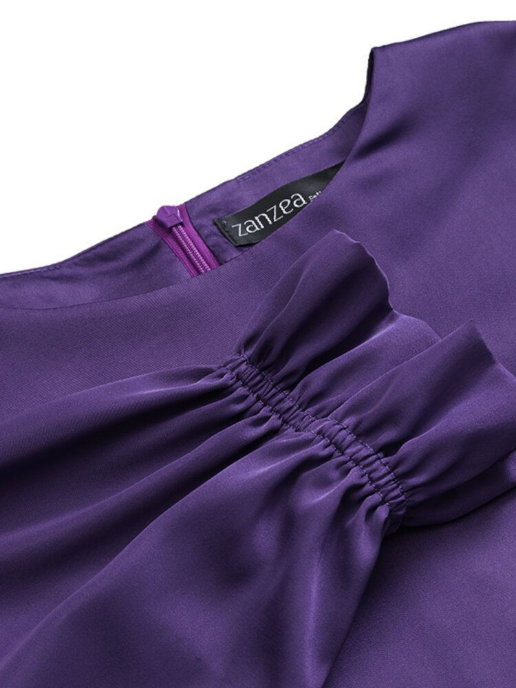 Naisten Satiini Solid Puff Sleeve Polvipituinen Taka Vetoketju Kiristysnauha Midi Mekot