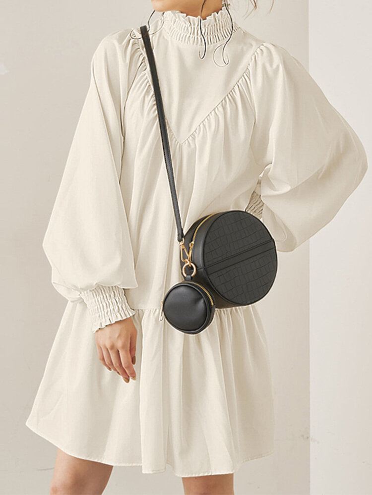 Naisten Turtleneck Puff Sleeve Smocking Design Massiiviset Polvipituiset Midi-mekot