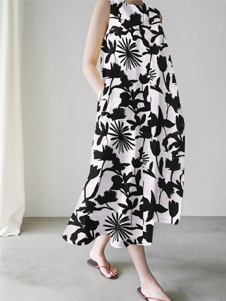 Plant Print Pocket Pyöreäkauluksinen Hihaton Maxi-mekko