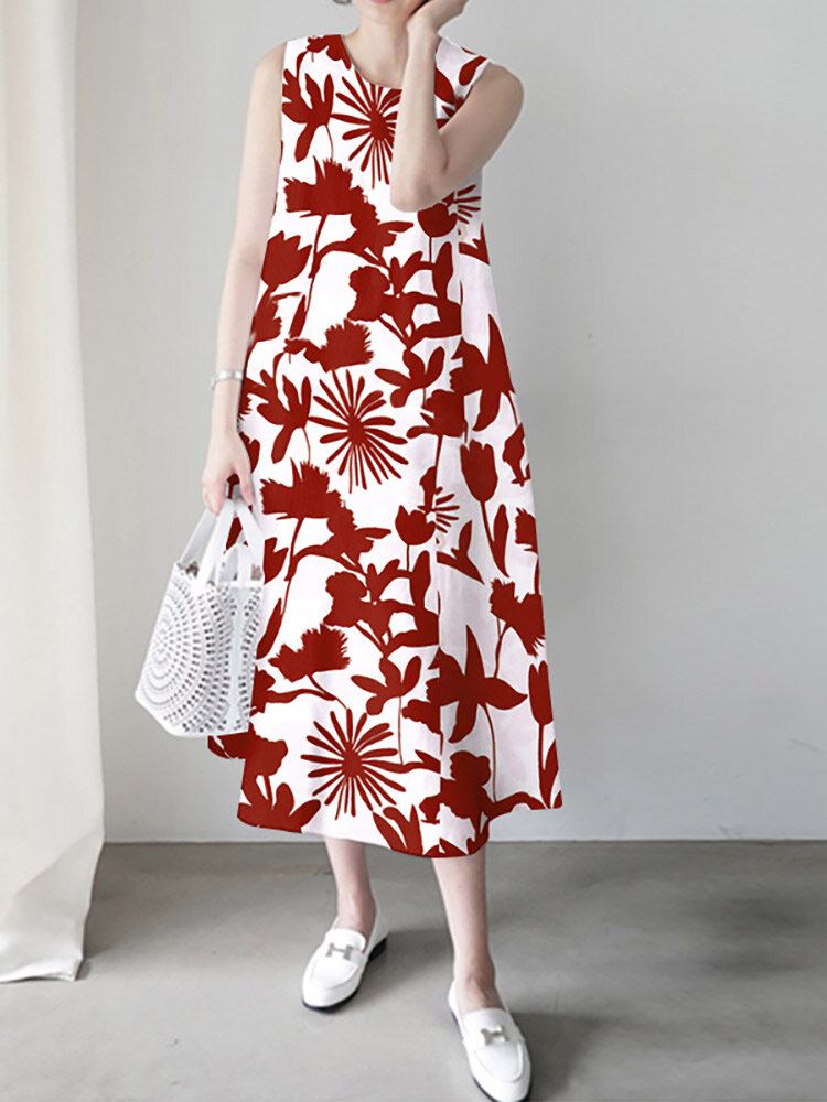 Plant Print Pocket Pyöreäkauluksinen Hihaton Maxi-mekko