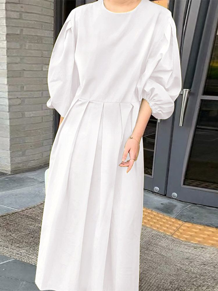 Pleat Solid Puff Sleeve Pyöreäpääntie Midi-mekko