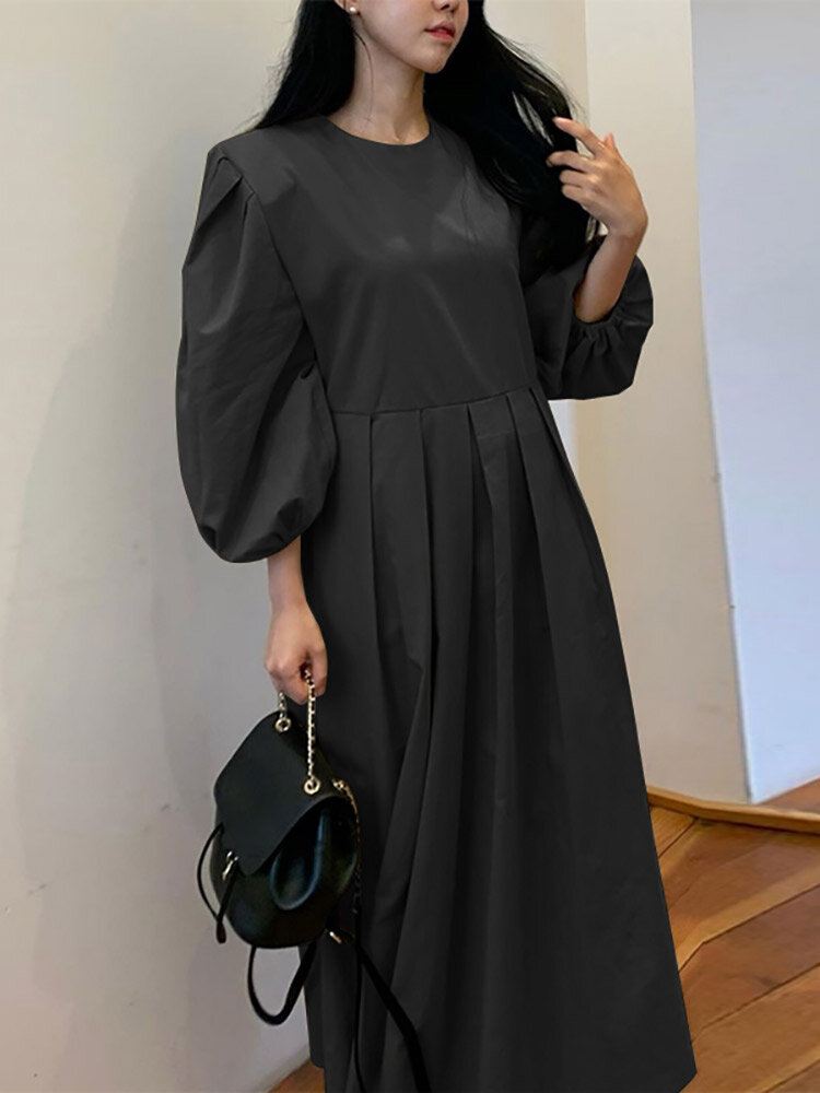 Pleat Solid Puff Sleeve Pyöreäpääntie Midi-mekko