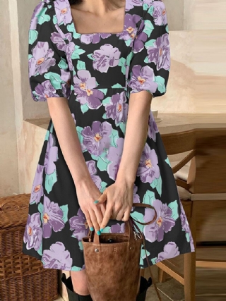 Puff Sleeve Kukkainen Boheemi Retrotyylinen Mekko Naisille