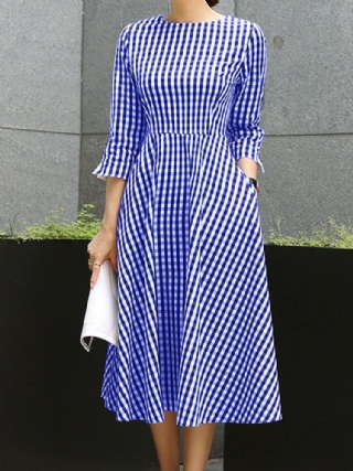Ritiläinen Ruudullinen O-kaula-aukkoinen 3-neljänneshihainen Takavetoketjullinen Midi-mekko Naisille