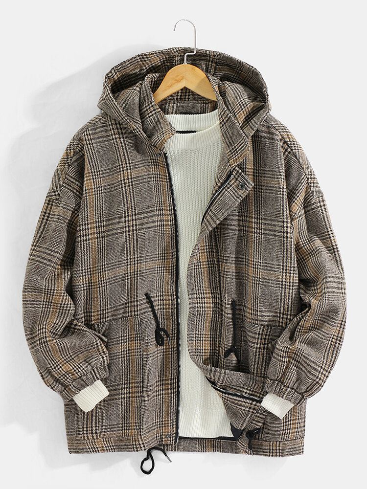 Miesten Vintage-ruudullinen Kiristysnyörillinen Vyötärötasku Lämpimät Hupulliset Takit