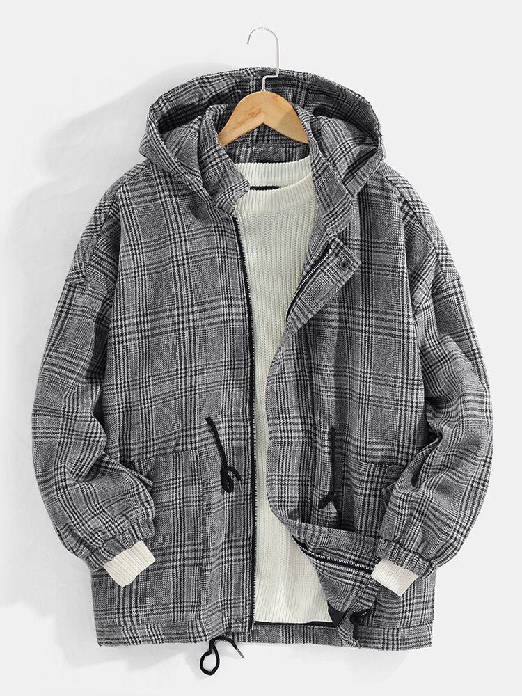 Miesten Vintage-ruudullinen Kiristysnyörillinen Vyötärötasku Lämpimät Hupulliset Takit