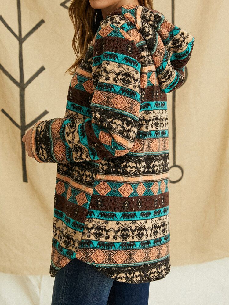 Etninen Kuvioprintti Vintage Taskuhupullinen Rento Takki Naisille