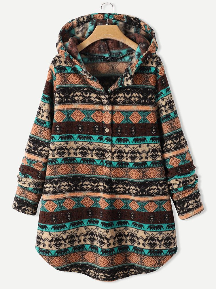 Etninen Kuvioprintti Vintage Taskuhupullinen Rento Takki Naisille