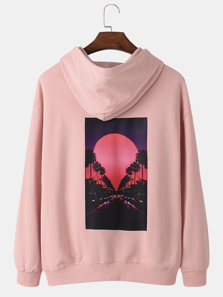 Miesten Auringonlaskun Maisema Graafinen Takaisin Tulosta Solid Cotton Casual Pullover-huppari