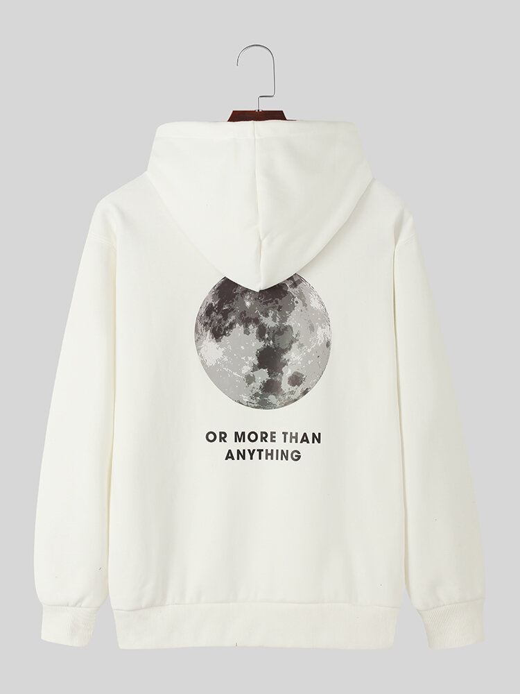 Miesten Back Moon Graphic Slogan Pehmovuorattu Lämmin Puuvillainen Kiristysnyörillinen Huppari