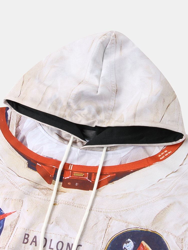 Miesten Design Astronaut Print Kangaroo Pocket Pitkähihaiset Rennot Hupparit