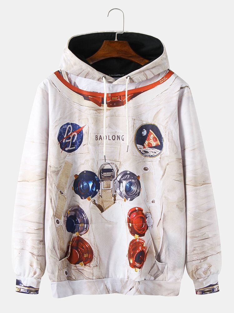 Miesten Design Astronaut Print Kangaroo Pocket Pitkähihaiset Rennot Hupparit