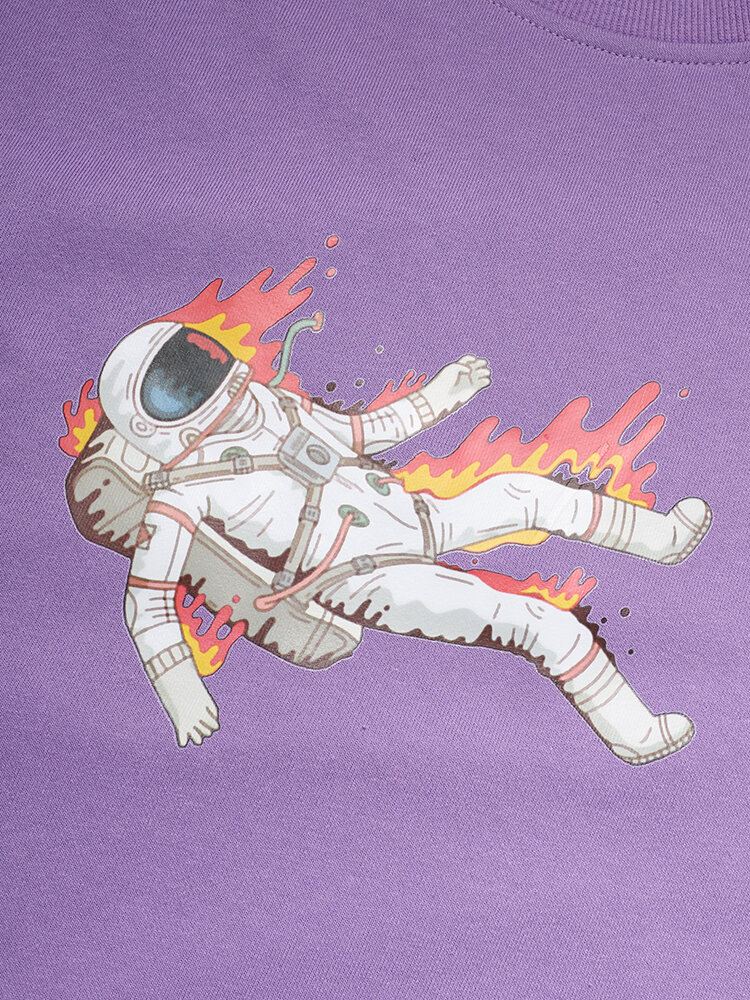 Miesten Flame Astronaut Graphic Pyöreäkaula-aukoiset Puuvillaneulepuserot