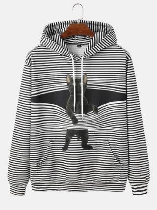Miesten Funny Stripe-sarjakuva Kissakuvioinen Kangaroo Pocket Kiristysnyörillinen Huppari