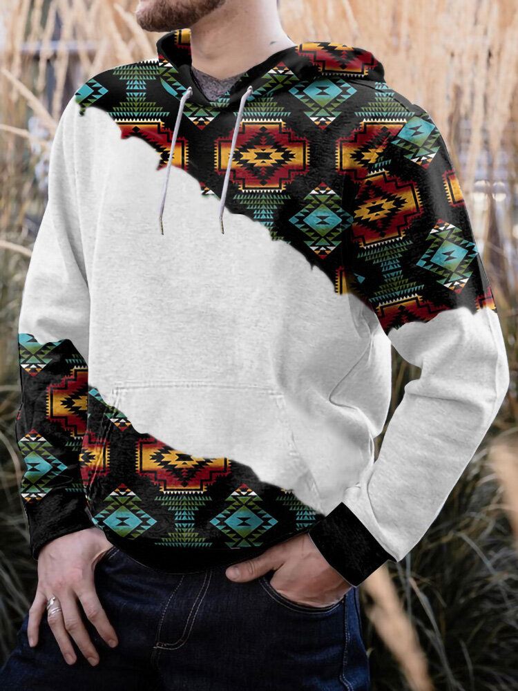 Miesten Geometrinen Kuviollinen Tilkkutukka Kangaroo Pocket Vapaa-ajan Huppari