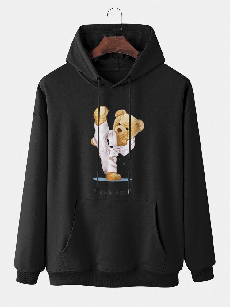 Miesten Kung Fu Bear Painettu Kirjain Kangaroo Pocket Drop Olkapäällinen Huppari