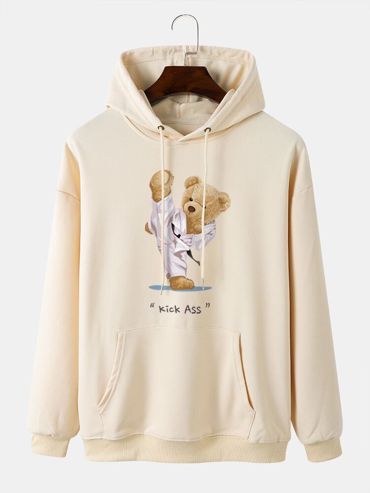 Miesten Kung Fu Bear Painettu Kirjain Kangaroo Pocket Drop Olkapäällinen Huppari