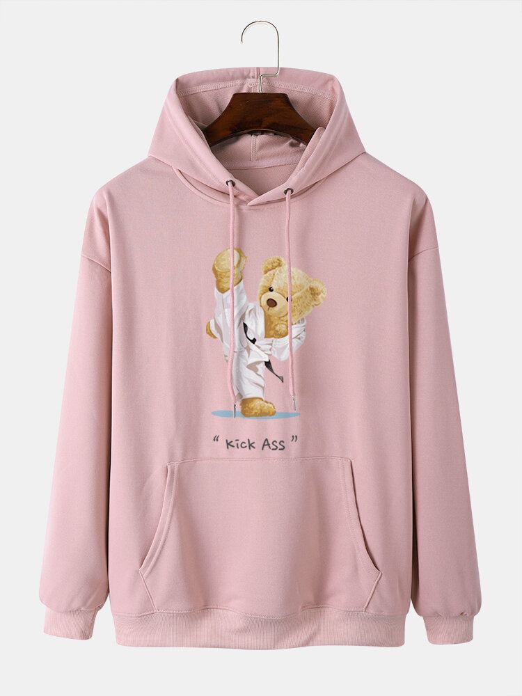 Miesten Kung Fu Bear Painettu Kirjain Kangaroo Pocket Drop Olkapäällinen Huppari
