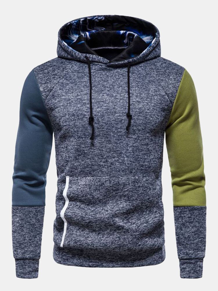 Miesten Patchwork Design Kontrasti Tasku Painettu Kiristysnyörillä Street Huppari