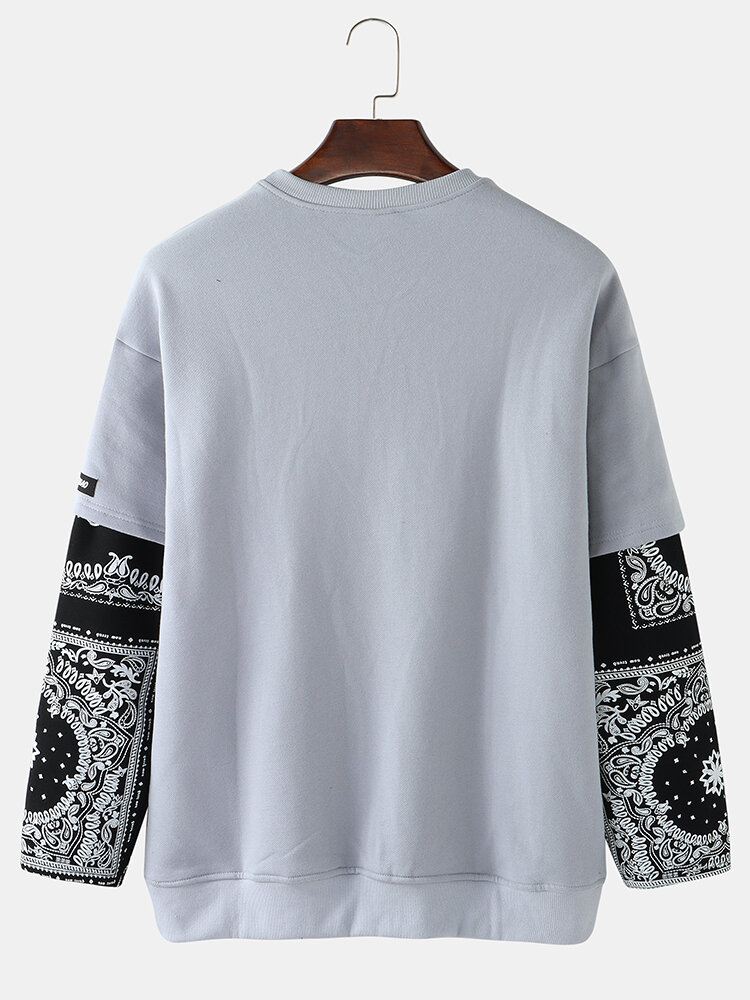 Miesten Patchwork Paisley Print Faux Twinset Pullover Drop Shoulder Collegepaidat