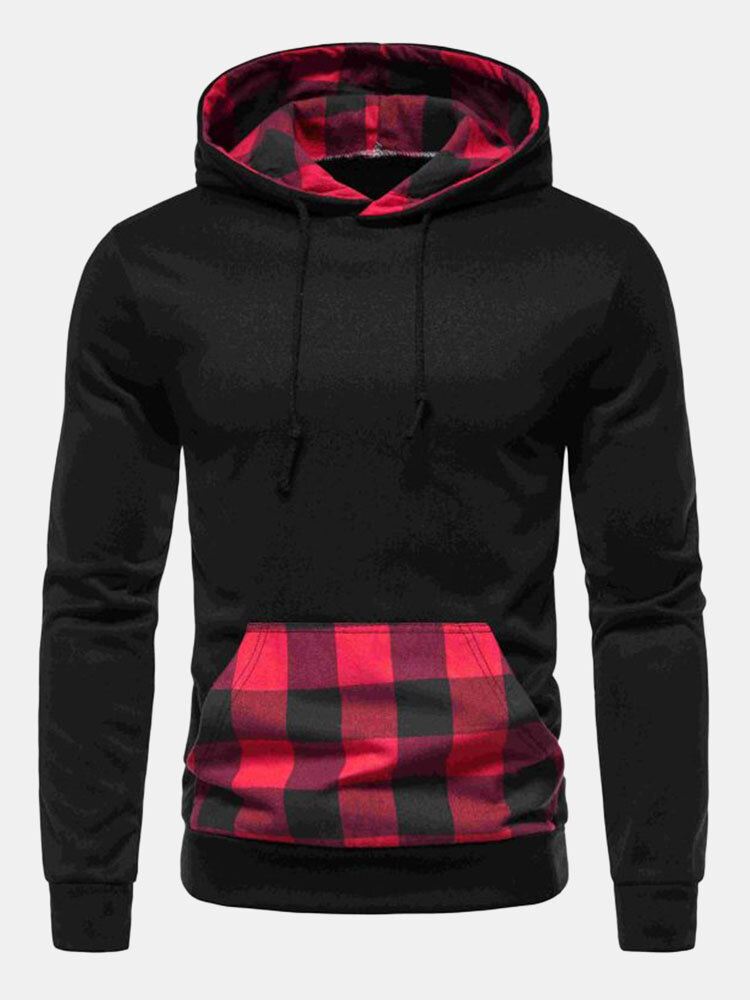 Miesten Patchwork Plaid Kangaroo Tasku Kiristysnyörillä Rento Hupullinen Paita