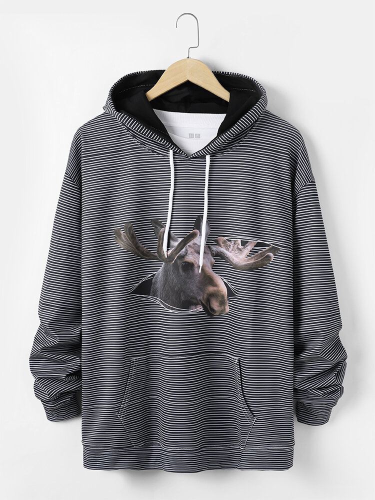 Miesten Raidallinen 3d Animal Print Rento Kiristysnyörillinen Huppari Pussitaskulla