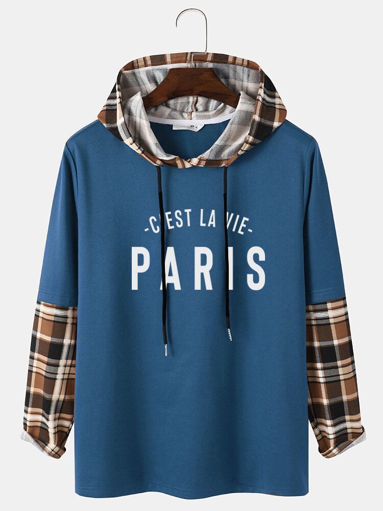 Miesten Ruudullinen Splicing Sleeve "paris" Kirjaimilla Painettu Huppari