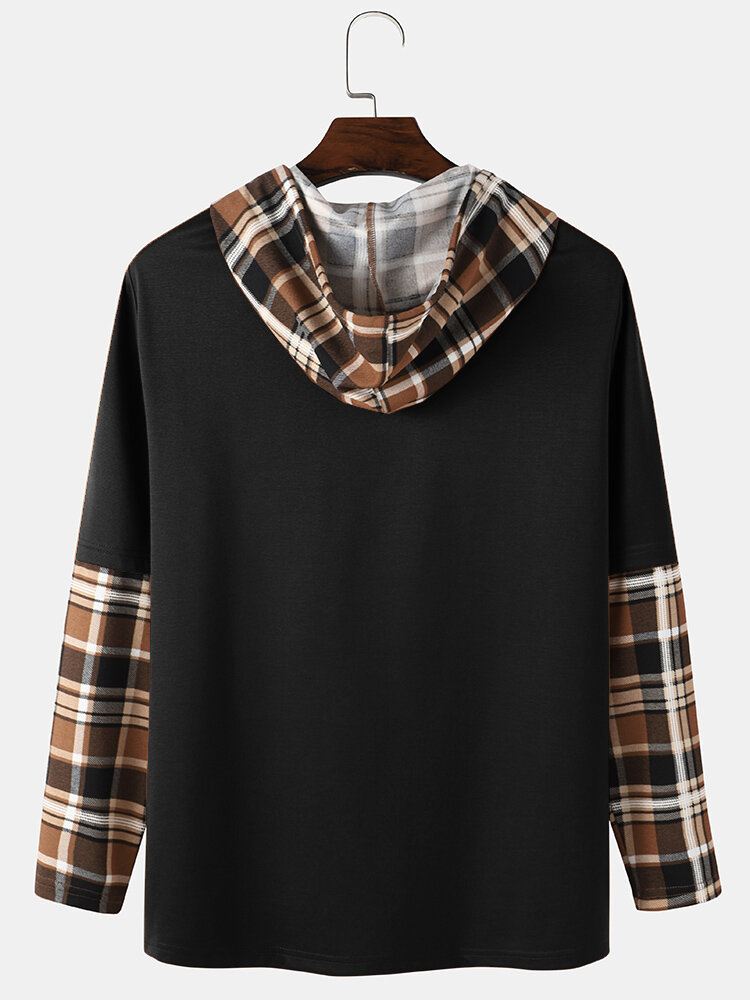 Miesten Ruudullinen Splicing Sleeve "paris" Kirjaimilla Painettu Huppari