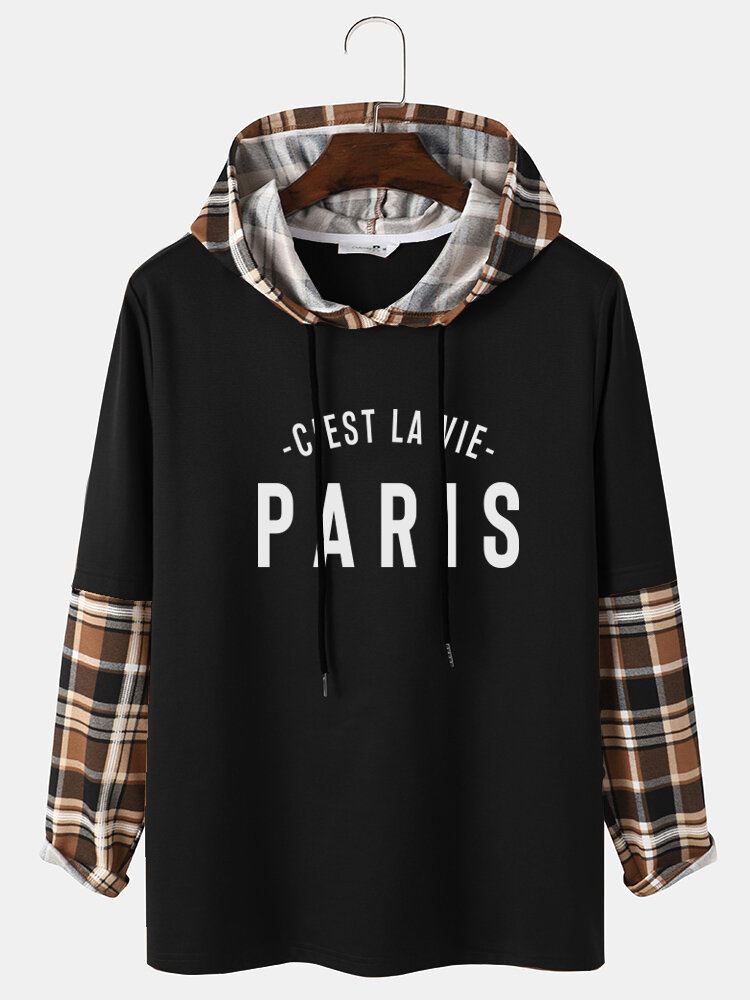 Miesten Ruudullinen Splicing Sleeve "paris" Kirjaimilla Painettu Huppari