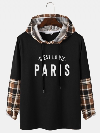 Miesten Ruudullinen Splicing Sleeve "paris" Kirjaimilla Painettu Huppari
