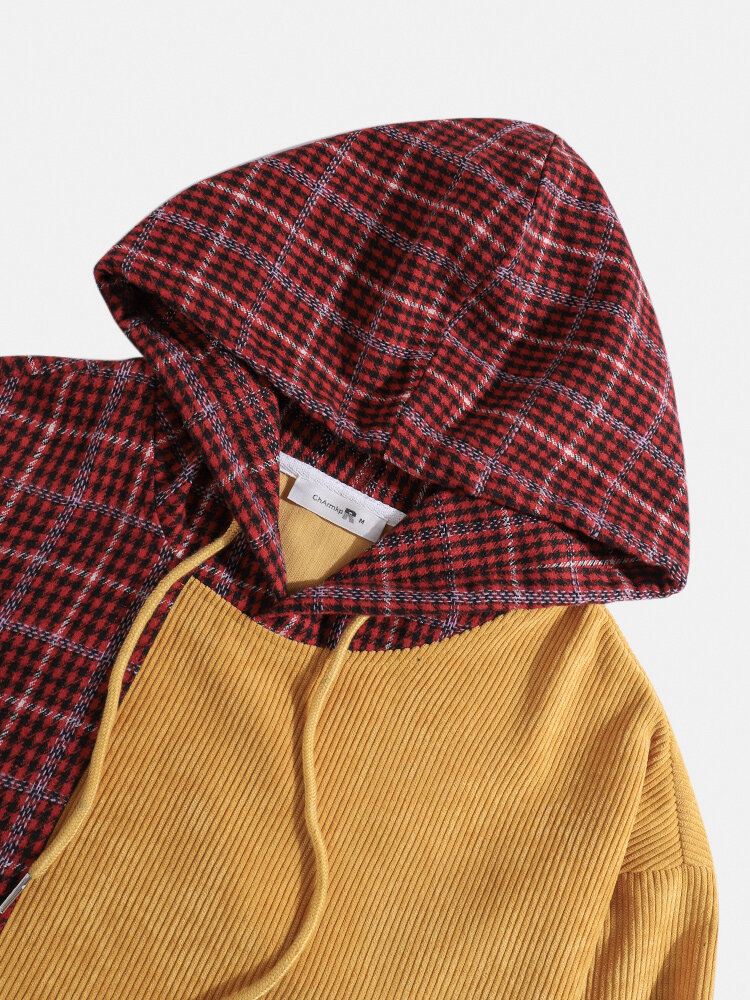 Miesten Ruudullinen Vakosametti Tilkkutäyteinen Tasku Kiristysnyörillinen Huppari
