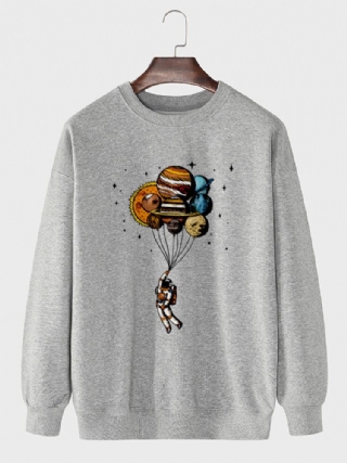 Miesten Sarjakuva Planets Astronaut Print Crew Neck Pullover Puuvillainen Collegepaita