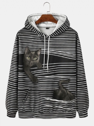Miesten Stripe Black Cat Print Pitkähihaiset Hupparit Taskulla