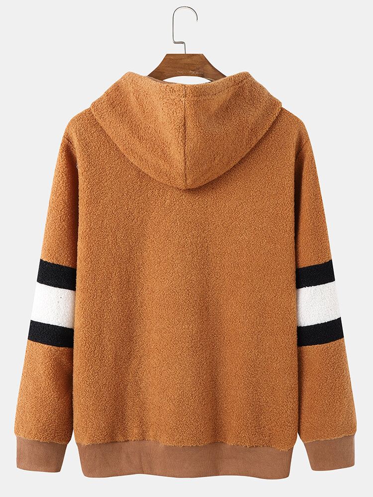 Miesten Teddy Fleece Strip Sleeve Letter Kangaroo Pocket Kiristysnyörillä Hupullinen Collegepaita