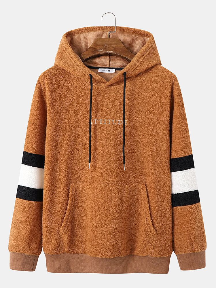 Miesten Teddy Fleece Strip Sleeve Letter Kangaroo Pocket Kiristysnyörillä Hupullinen Collegepaita